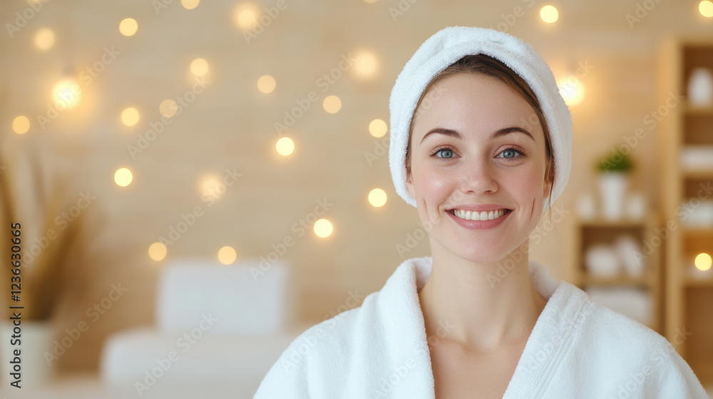 Smiling Woman in a Cozy Spa Robe Stands in a Serene Room With Fairy Lights While Enjoying a Relaxing Wellness Moment Smiling Woman in a Cozy Spa Robe Stands in a Serene Room With Fairy Lights While Enjoying a Relaxing Wellness Moment