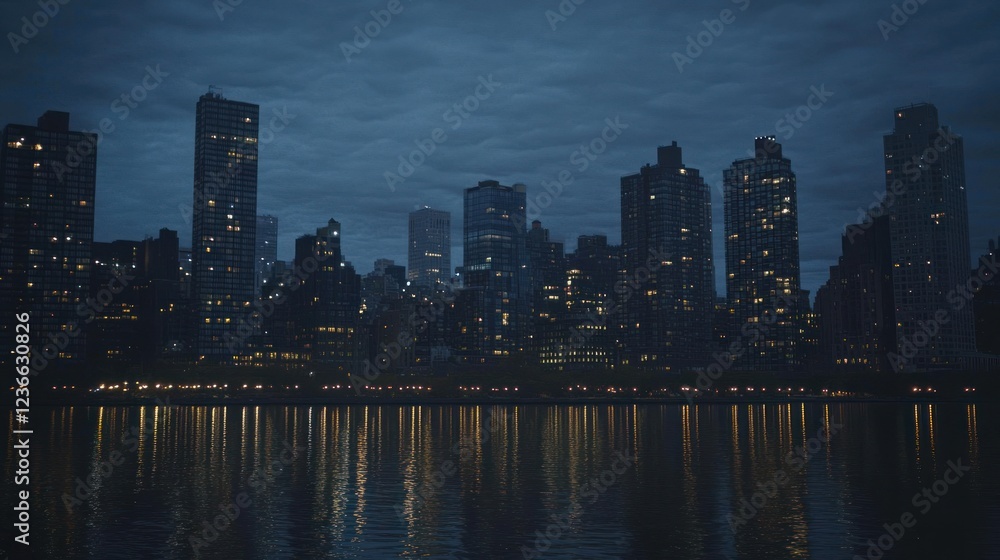 Fototapeta premium Nightfall over the City Skyline: A Serene Reflection