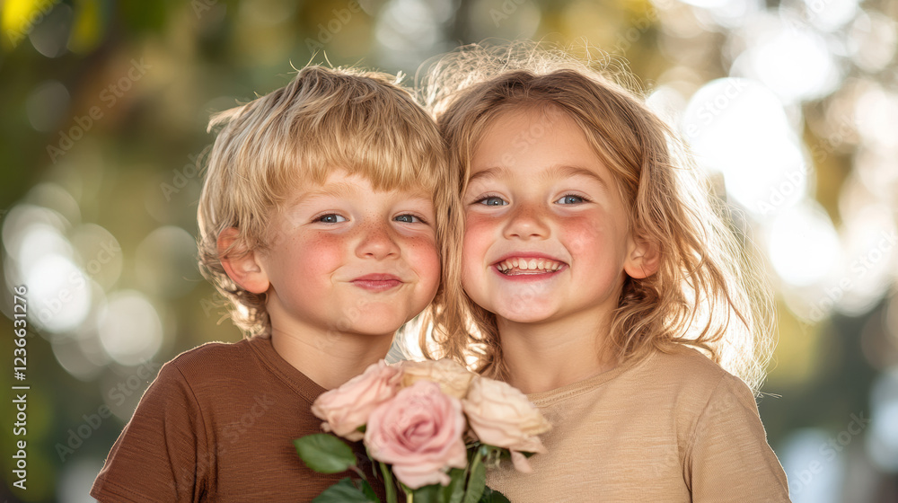 Two Cheerful Children Smile While Holding a Bouquet of Flowers in a Sunny Outdoor Setting During a Warm Afternoon Two Cheerful Children Smile While Holding a Bouquet of Flowers in a Sunny Outdoor Setting During a Warm Afternoon