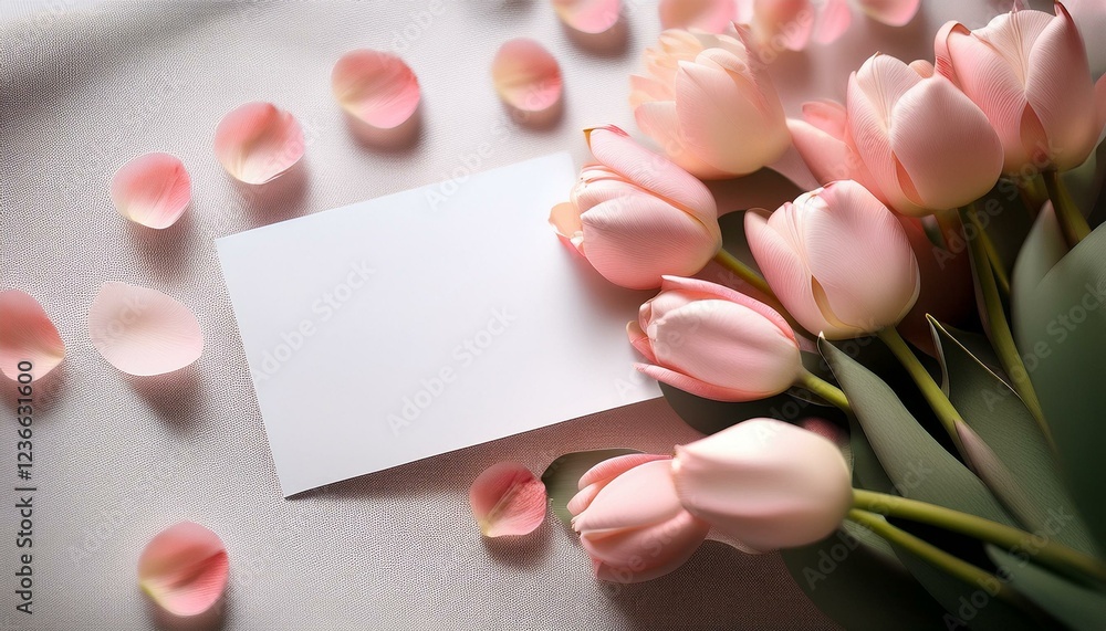 Obraz premium a bouquet of pastel pink tulips lies on a white tablecloth with a blank card leaning against it surrounded by scattered rose petals