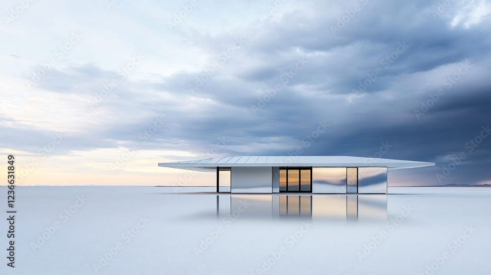 Sleek minimalist home with a reflective roof set in the middle of a vast salt flat Captured from far away the house seems to float in the endless white expanse under a dramatic sky Sleek minimalist home with a reflective roof set in the middle of a vast salt flat Captured from far away the house seems to float in the endless white expanse under a dramatic sky