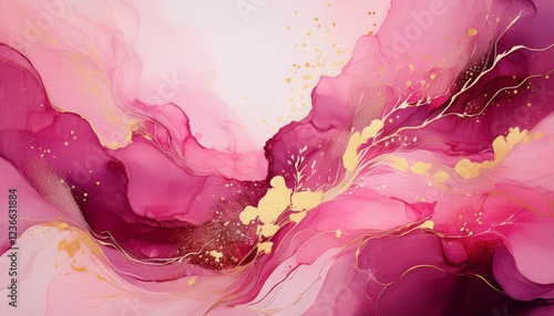 abstract liquid ink painting background in pink colors with golden splashes