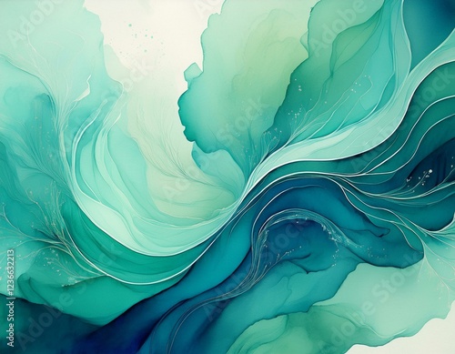 fluid watercolor abstract background blending teal blue and green hues for a tranquil artistic feel