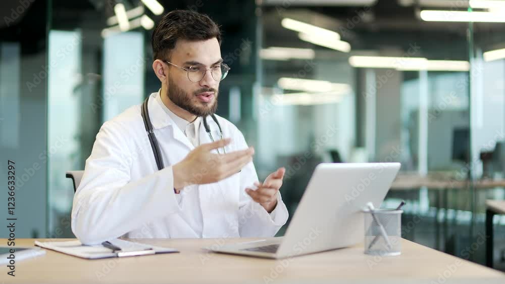 Confident doctor talking on video call using laptop computer in hospital clinic. Male medical worker physician communicates remotely at conference in office or has an online consultation with patient Confident doctor talking on video call using laptop computer in hospital clinic. Male medical worker physician communicates remotely at conference in office or has an online consultation with patient