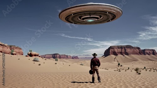 Cowboy Encounters UFO in Desert Landscape