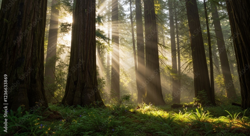 Naklejka premium Sunbeams Through Redwood Forest Landscape Photography