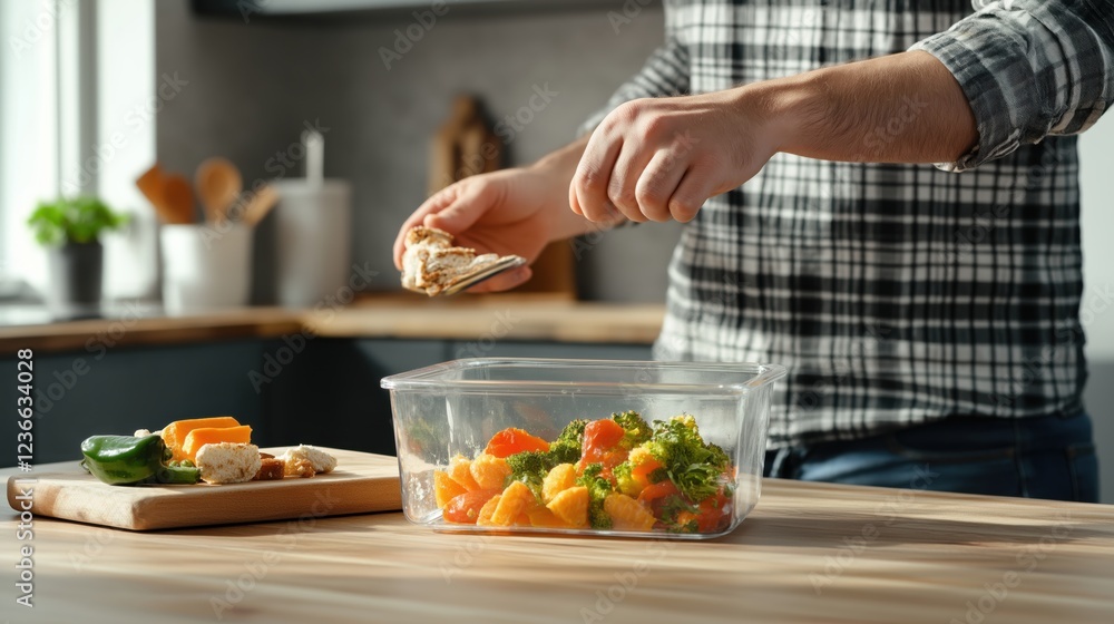 A man is skillfully organizing breakfast items in a glass container, featuring vibrant vegetables and fresh bread. A man is skillfully organizing breakfast items in a glass container, featuring vibrant vegetables and fresh bread.