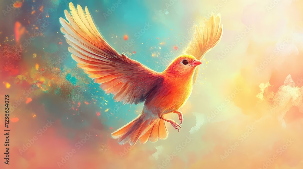 Vibrant Orange Bird in Flight Against a Magical Colorful Background, Representing Freedom and Natural Beauty with Wings Spread Open Radiating Joy and Serenity Vibrant Orange Bird in Flight Against a Magical Colorful Background, Representing Freedom and Natural Beauty with Wings Spread Open Radiating Joy and Serenity