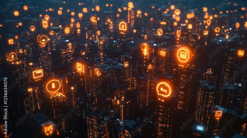 Fototapeta premium Innovative business connections. glowing icons symbolizing b2b collaboration in a night cityscape