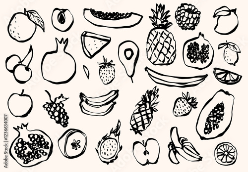 Hand Drawn Fruits Doodle Cute Tropical Fruit Fresh and Healthy Meal Breakfast, Citrus, Kiwi, Pineapple, Smoothie, Salad, Fruit Vector Illustration