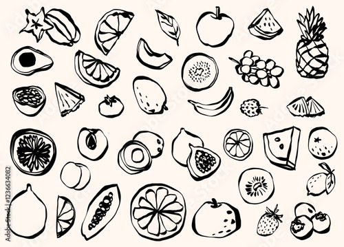 Hand Drawn Fruits Doodle Cute Tropical Fruit Fresh and Healthy Meal Breakfast, Citrus, Kiwi, Pineapple, Smoothie, Salad, Fruit Vector Illustration