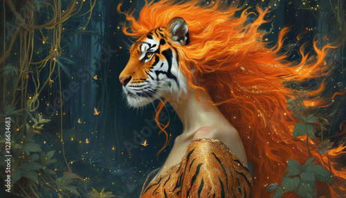 Wallpaper Mural Beauty concept humans and mother nature: serene woman, regal woman, fiery orange hair, glowing golden patterns, tiger, molten lava, mystical jungle with glowing vines and fireflies, model with animal Torontodigital.ca