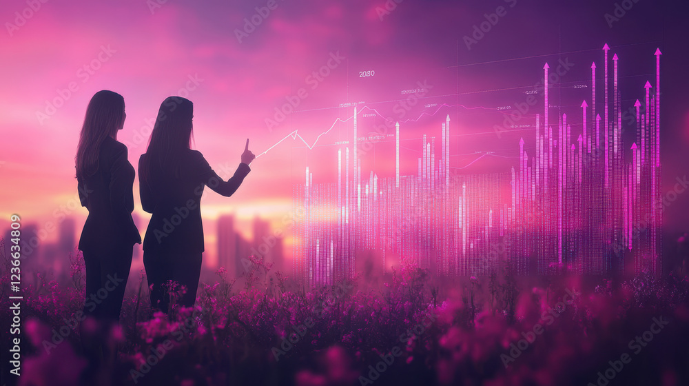 Futuristic businesswomen analyzing digital financial data in a surreal landscape with glowing stock market graphs, symbolizing innovation and economic growth Futuristic businesswomen analyzing digital financial data in a surreal landscape with glowing stock market graphs, symbolizing innovation and economic growth