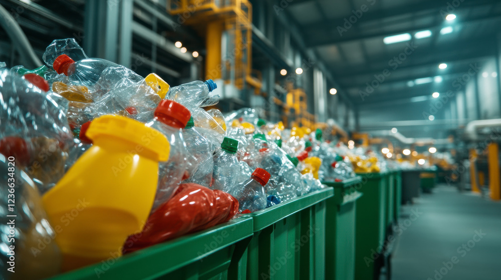 Open Bins Filled With Plastic Bottles in Recycling Facility During Daylight Hours Open Bins Filled With Plastic Bottles in Recycling Facility During Daylight Hours