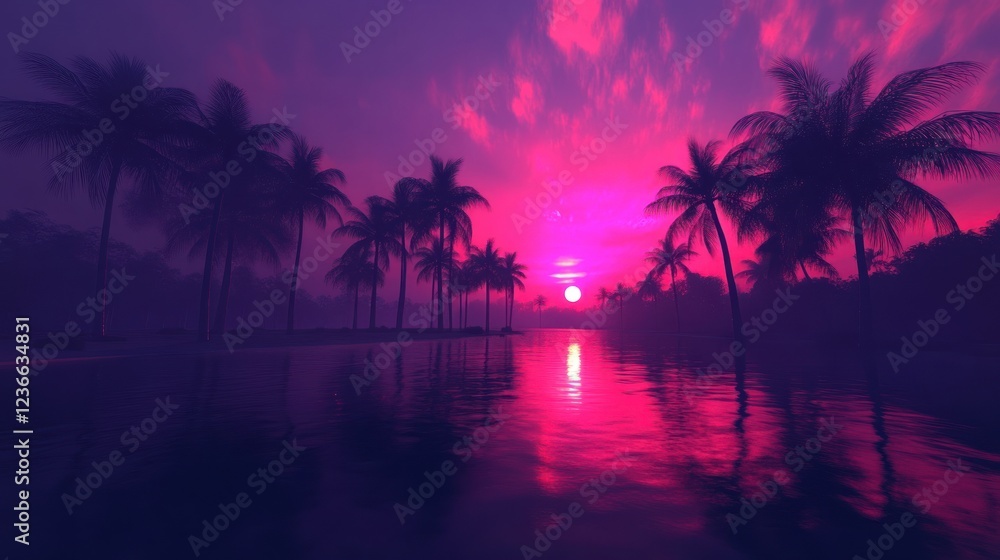 Obraz premium Pink Sunset Over Tropical Palm Trees And Calm Water