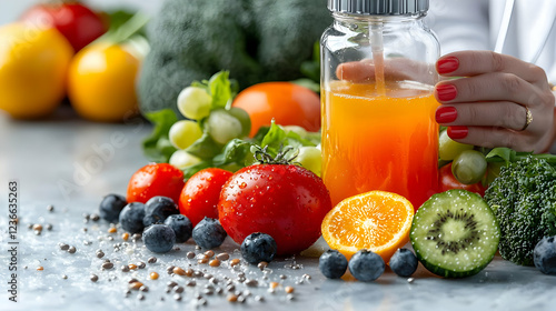 Woman making healthy juice with fresh fruits and vegetables photo