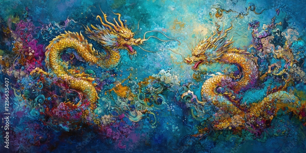 Two golden dragons underwater, vibrant ocean background, fantasy art, home decor. Two golden dragons underwater, vibrant ocean background, fantasy art, home decor.