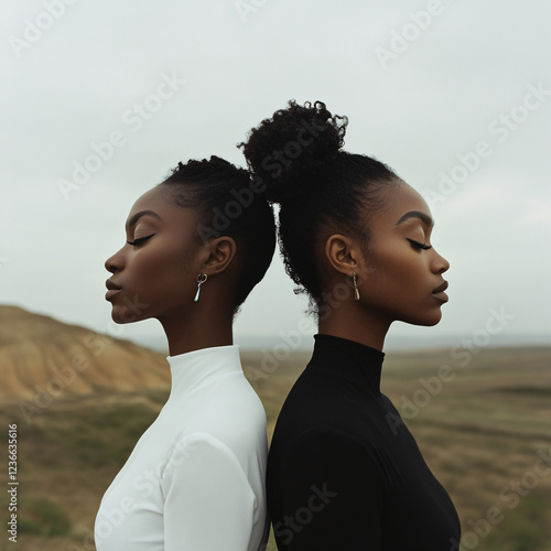 Two black women standing back to back. Generative AI