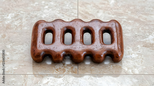 Brown ceramic soap dish on marble tile. Bathroom decor photo