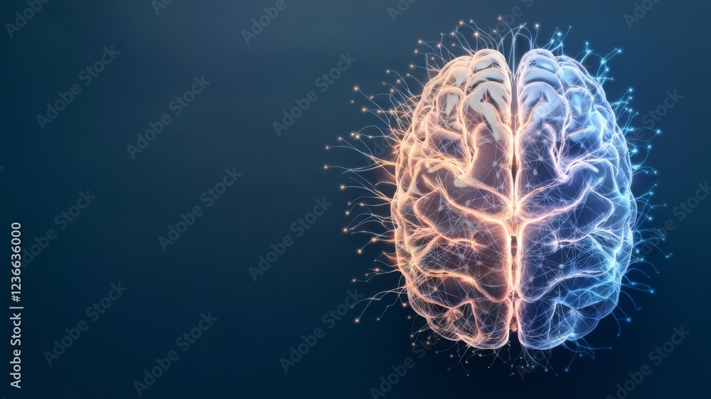Obraz premium Human Brain Network with Glowing Neural Connections, Represents Artificial Intelligence, Innovation, Advanced Computing, Futuristic Technology, Cognitive Science, and Data Visualization.