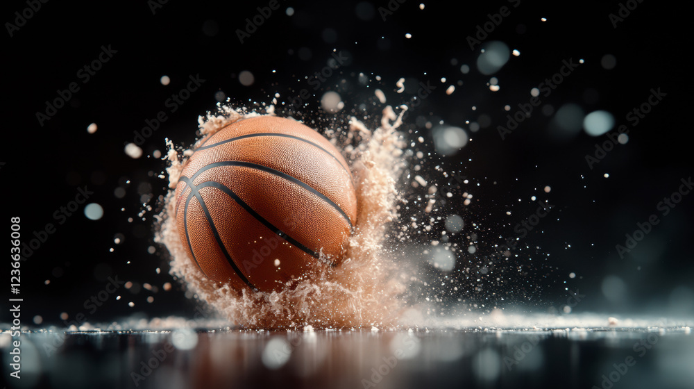 Basketball Launching Through Air and Creating Splash at a Gym During an Exciting Game Moment Basketball Launching Through Air and Creating Splash at a Gym During an Exciting Game Moment