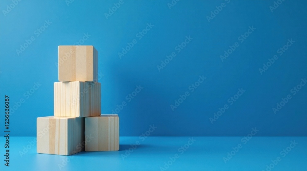 Simple Wooden Blocks Arranged in a Stack Against a Vibrant Blue Background Simple Wooden Blocks Arranged in a Stack Against a Vibrant Blue Background
