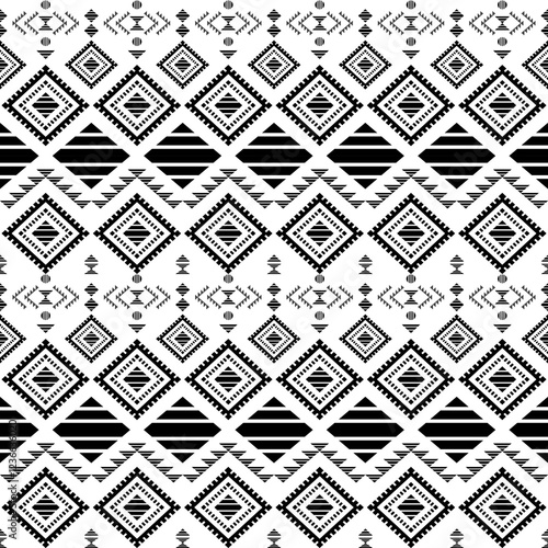 Southwest Aztec geometric Native American Mexican Navajo tribal ethnic boho indian texture ornament seamless pattern fabric black and white design vector for woven textile printing blanket rug carpet 