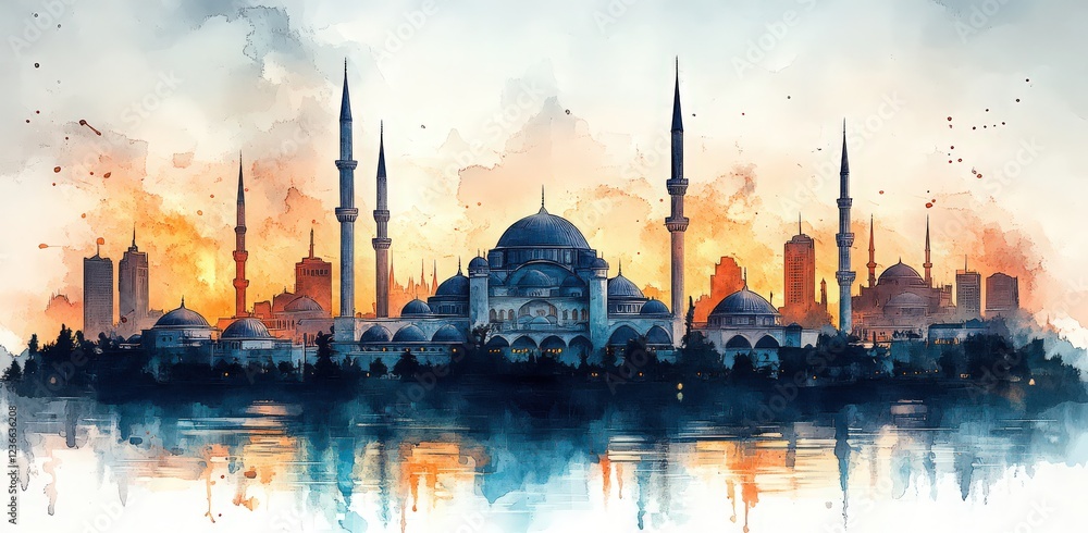 Obraz premium Watercolor Illustration of Istanbul's Mosques at Sunset