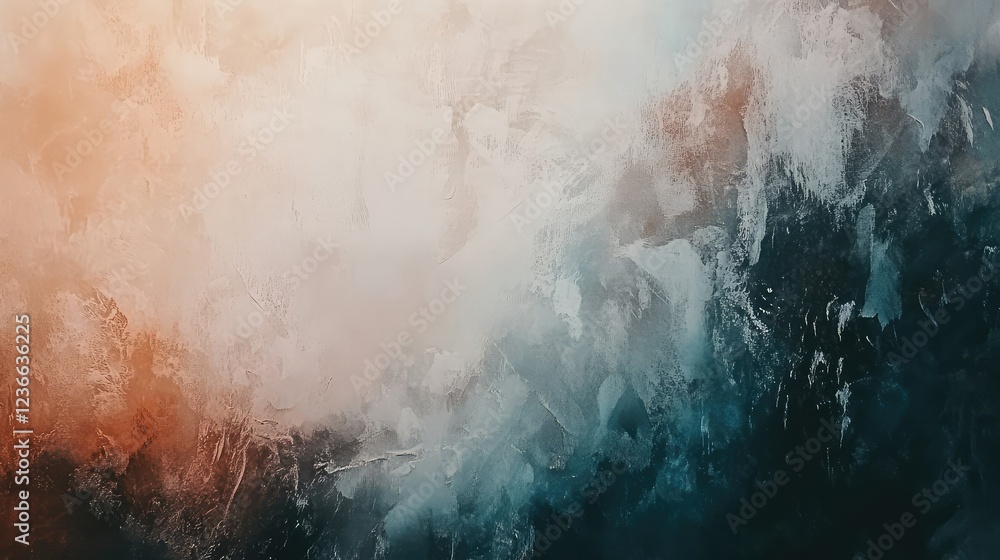 Obraz premium Abstract painting featuring soft hues of orange, teal, and cream creating a serene and calming visual effect, ideal for tranquil home decor and artistic projects.