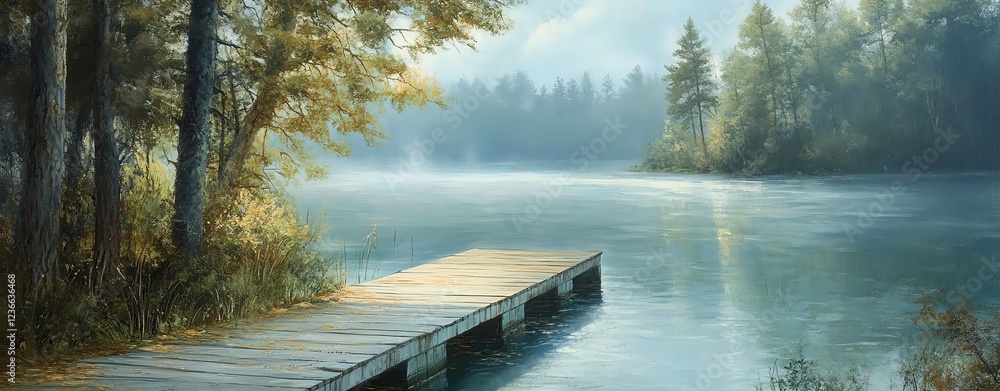 Obraz premium Serene lake view with wooden pier and trees.