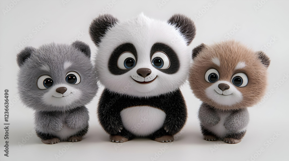 Three cute cartoon pandas posing together, white background, for children's book Three cute cartoon pandas posing together, white background, for children's book
