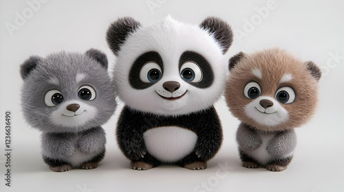 Three cute cartoon pandas posing together, white background, for children's book