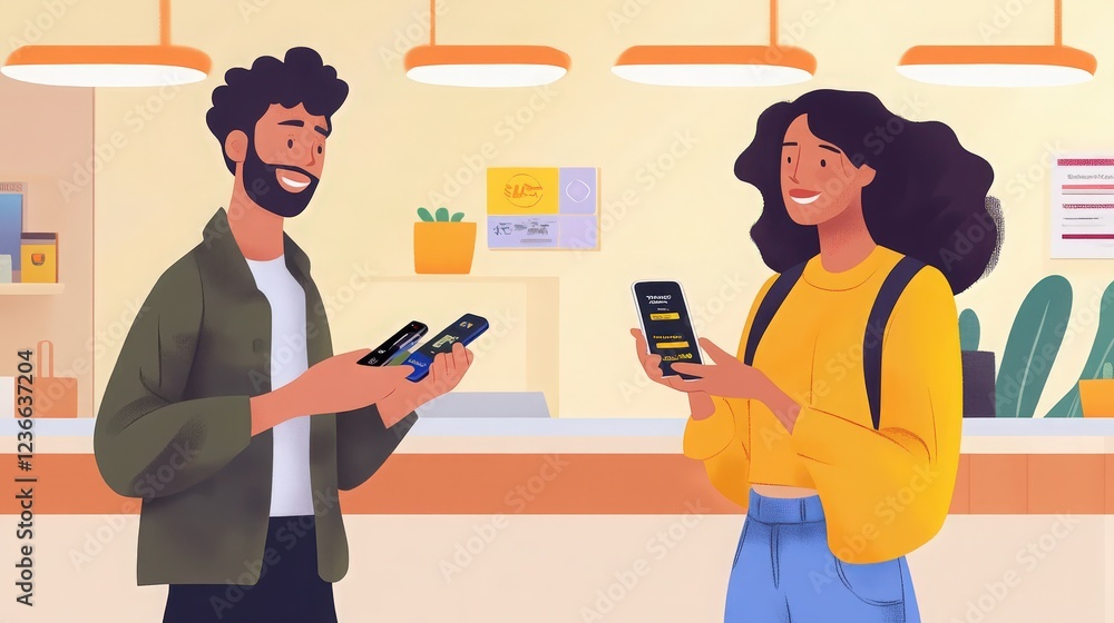 Two young adults using mobile phones to pay at a restaurant counter in a modern interior Two young adults using mobile phones to pay at a restaurant counter in a modern interior