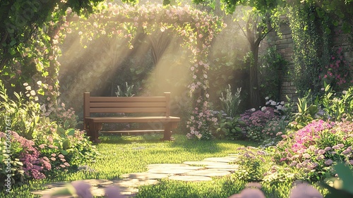 Serene garden with sunlight and blooming flowers. photo