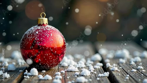 New year winter background with A red Christmas ornament sits on a wooden table covered in snow. The snowflakes around the ornament create a cozy and festive atmosphere