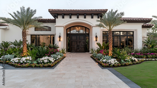 Mediterranean home entrance, landscaped garden, sunset