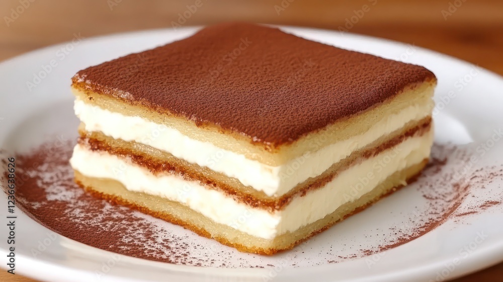 Square slice of tiramisu dessert on a white plate. Square slice of tiramisu dessert on a white plate.