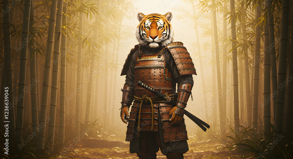 Fototapeta premium Tiger Samurai in Bamboo Forest: A Digital Painting