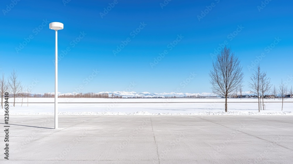 Obraz premium Snowy parking lot, mountains, winter landscape, clear sky