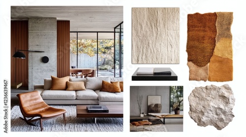 Modern Living Room Interior Design Collage with Textured Materials