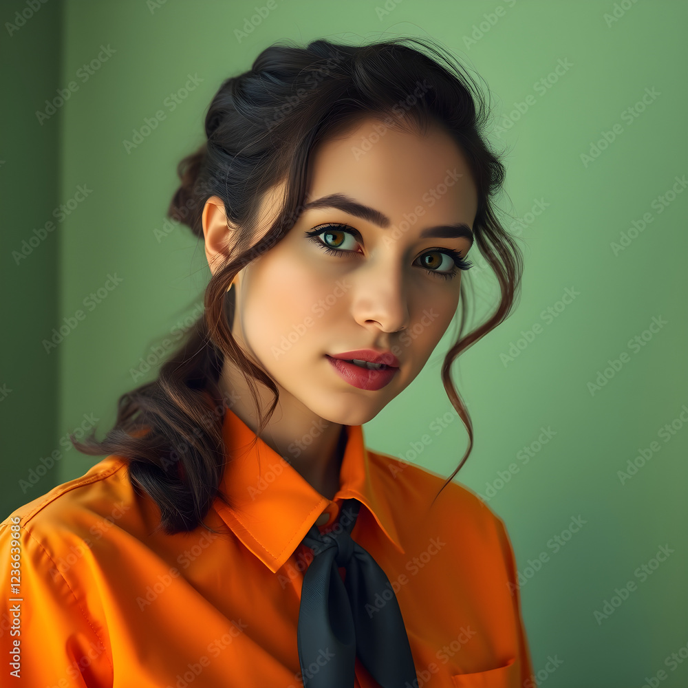 Woman in orange shirt on green background Woman in orange shirt on green background