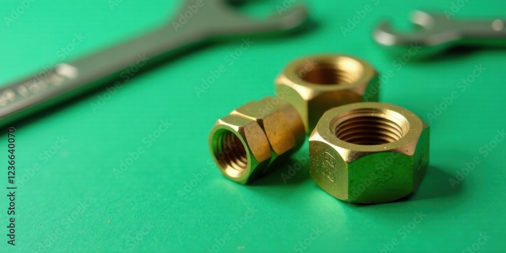 Close-up view of golden metallic fasteners and a wrench on a green surface Close-up view of golden metallic fasteners and a wrench on a green surface