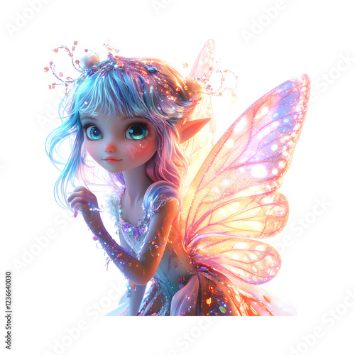Fluffy 3D Cartoon Fairy with Glowing Butterfly Wings and Flower Isolated on Transparent Background