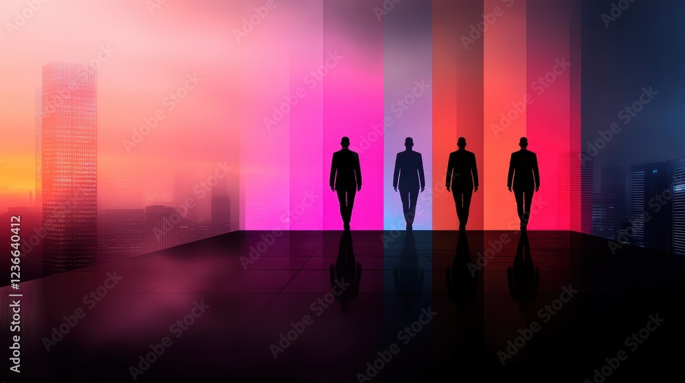 Fototapeta premium Silhouetted businessmen walking towards vibrant city skyline at sunset