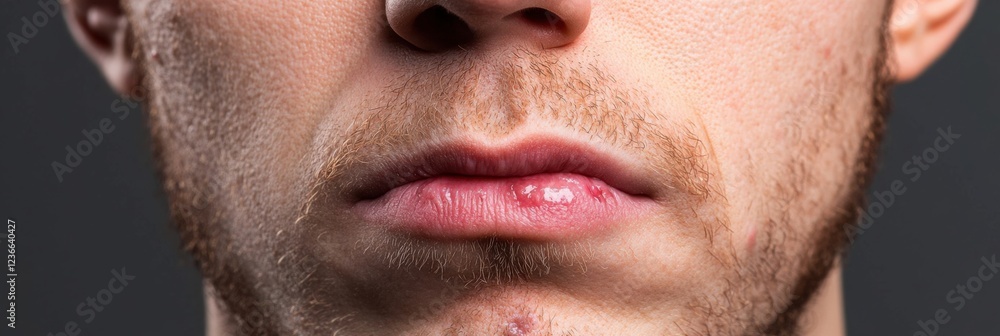 Obraz premium Patient experiences discomfort due to visible cold sores on lips in a clinical setting with realistic lighting