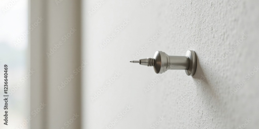 Close-up view of a metallic wall-mounted pin, subtly angled, against a textured white surface. The pin's design features a cylindrical base and a slender, pointed tip. Close-up view of a metallic wall-mounted pin, subtly angled, against a textured white surface. The pin's design features a cylindrical base and a slender, pointed tip.