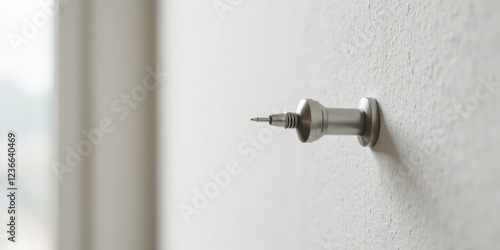 Close-up view of a metallic wall-mounted pin, subtly angled, against a textured white surface.  The pin's design features a cylindrical base and a slender, pointed tip.
