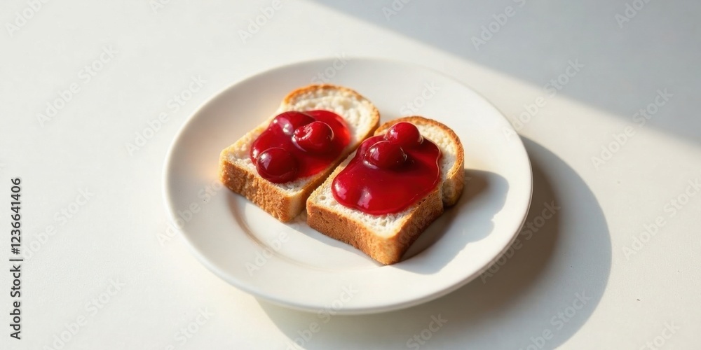Sunlight illuminates two slices of bread topped with vibrant red fruit preserves on a simple white plate. Sunlight illuminates two slices of bread topped with vibrant red fruit preserves on a simple white plate.