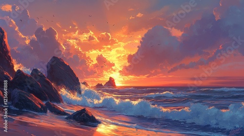 Wallpaper Mural Fiery Sunset over Ocean Rocks and Waves Torontodigital.ca