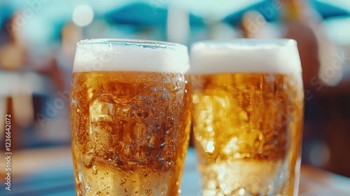 Two glasses of cold beer, frothy, outdoors, on a table, in a bright setting. photo